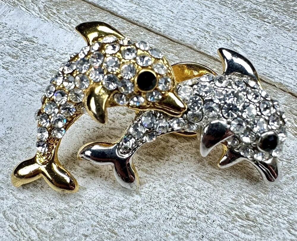 Vintage Dolphin Two Tone Gold Silver Rhinestone Tack Pin Animal Brooch 36.7mm